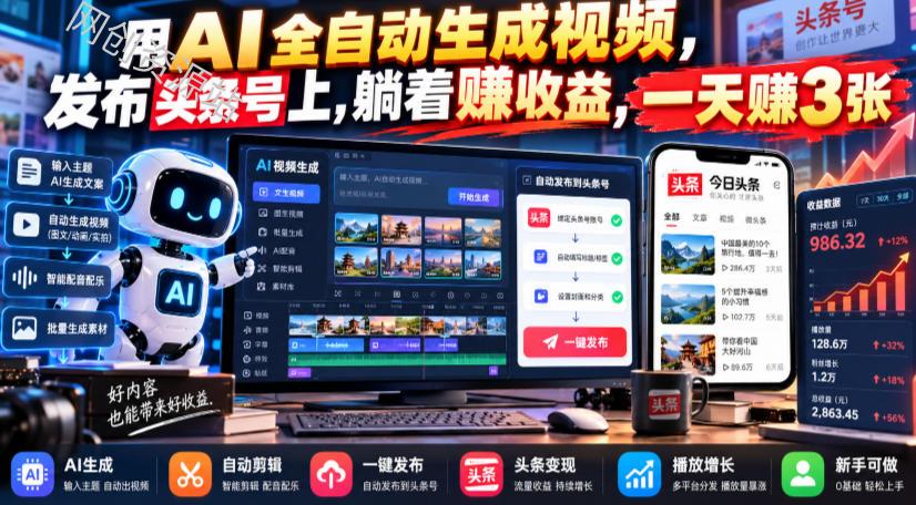 用AI全自动生成视频,发布头条号上,躺着賺收益,一天賺3张