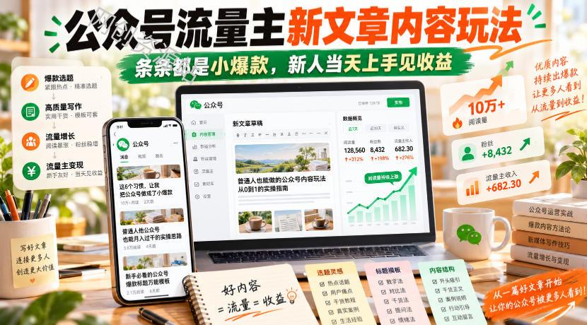 公众号流量主新文章内容玩法，条条都是小爆款，新人当天上手见收益