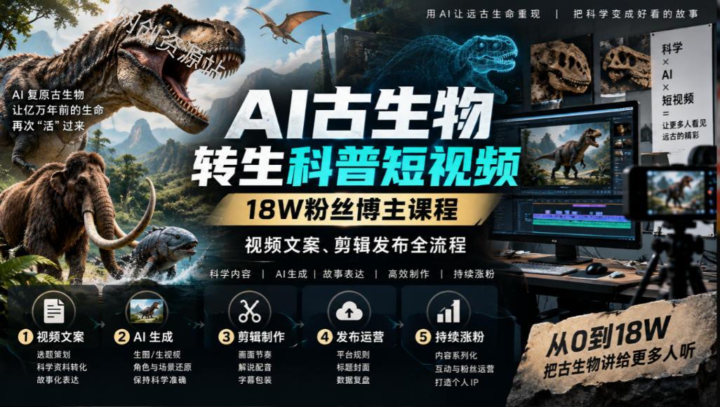 AI古生物转生科普短视频，18W粉丝博主课程，视频文案、剪辑发布全流程