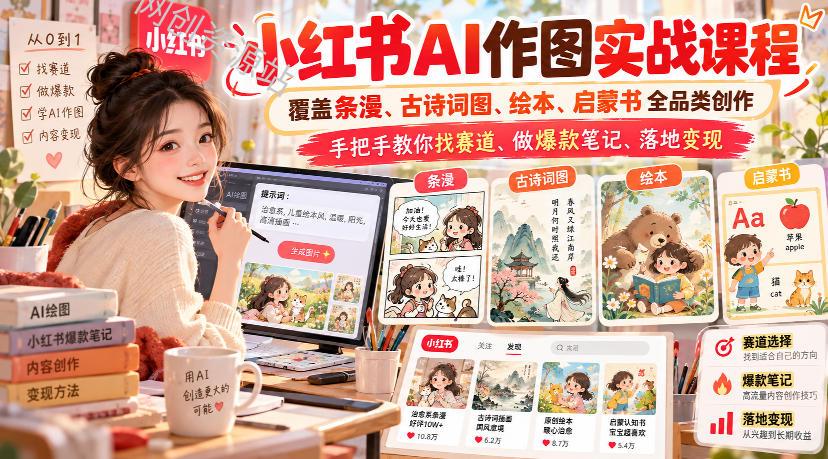 小红书AI作图实战课程，覆盖条漫、古诗词图、绘本、启蒙书全品类创作，手把手教你找赛道、做爆款笔记、落地变现（更新1017）