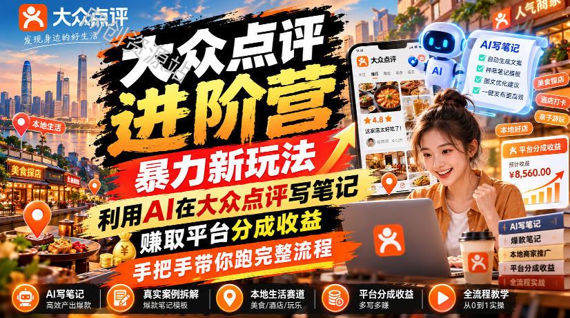 大众点评进阶营，暴力新玩法，利用AI在大众点评写笔记， 賺取平台分成收益，手把手带你跑完整流程