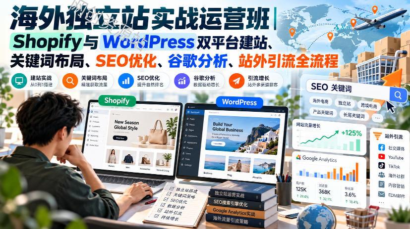 海外独立站实战运营班｜Shopify与WordPress双平台建站、关键词布局、SEO优化、谷歌分析、站外引流全流程