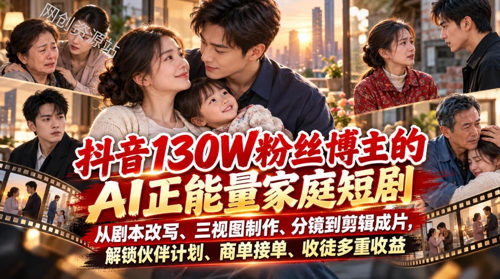 抖音130W粉丝博主的AI正能量家庭短剧，从剧本改写、三视图制作、分镜到剪辑成片，解锁伙伴计划、商单接单、收徒多重收益（更新1007）