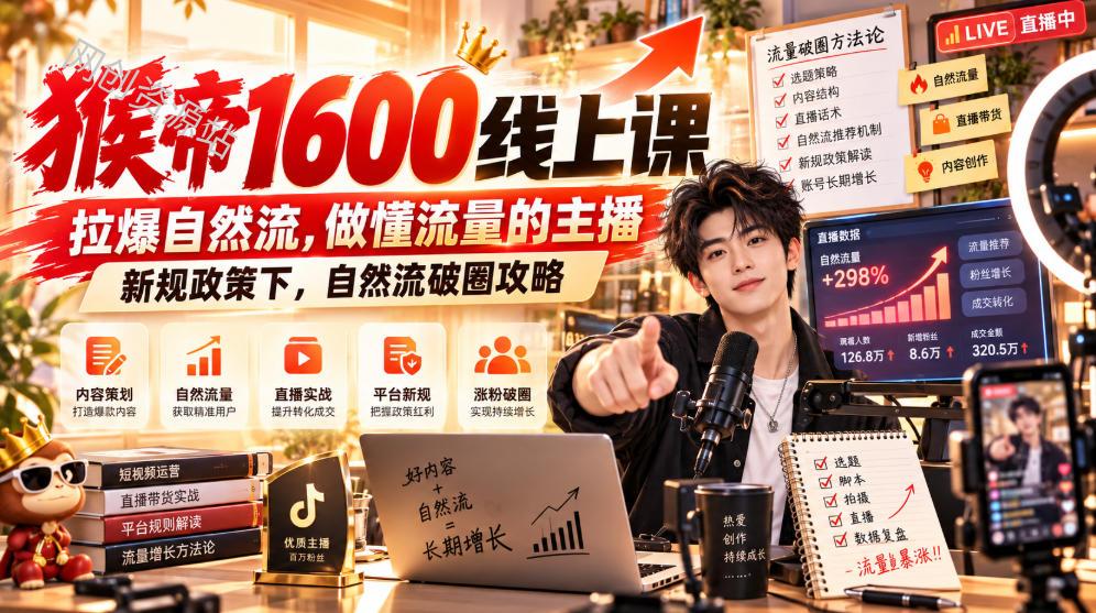 猴帝1600线上课，拉爆自然流，做懂流量的主播，新规政策下，自然流破圈攻略【更新261017】