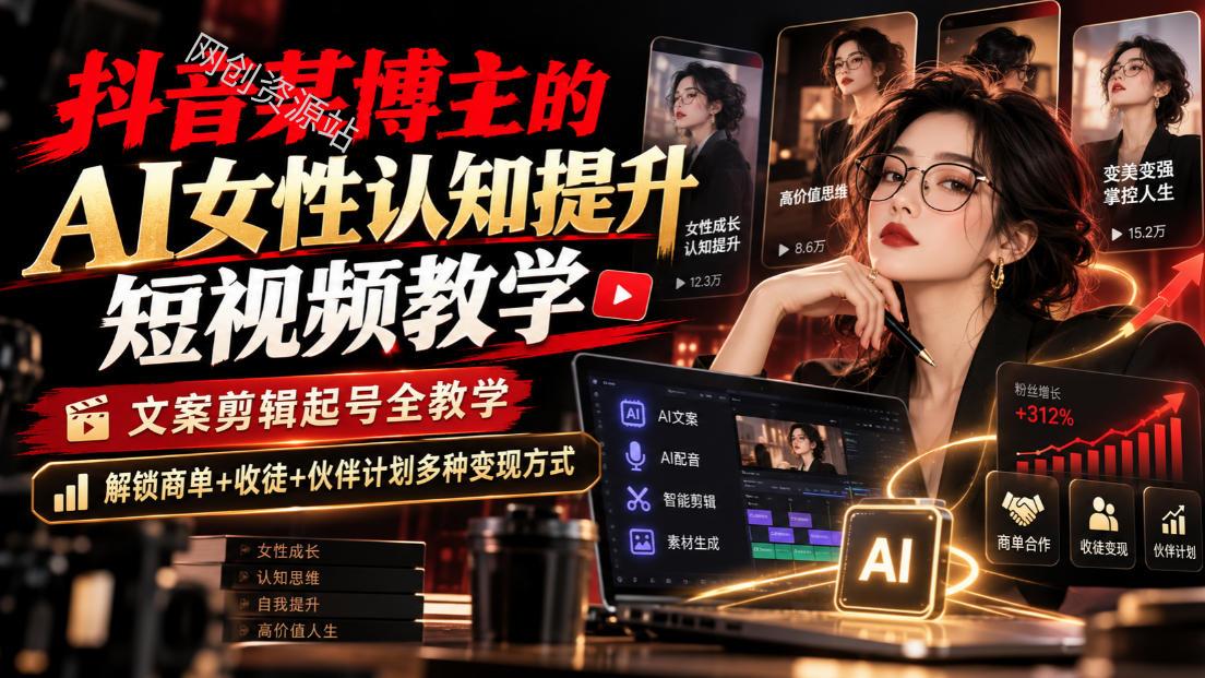 抖音某博主的Ai女性认知提升短视频教学，文案剪辑起号全教学，解锁商单+收徒+伙伴计划多种变现方式