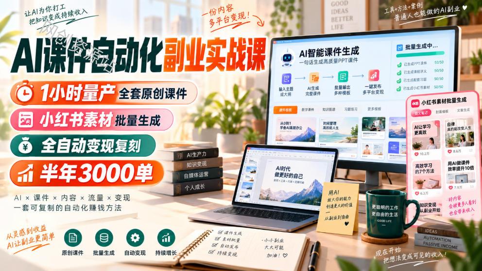 AI课件自动化副业实战课，1小时量产全套原创课件，小红书素材批量生成，全自动变现复刻，半年3000单