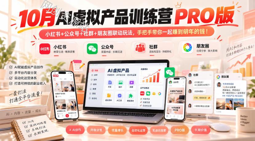 10月AI虚拟产品训练营PRO版，小红书+公众号+社群+朋友圈联动玩法，手把手带你一起赚到明年的钱！（更新1029）