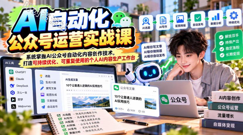 AI自动化公众号运营实战课，系统掌握AI公众号自动化内容创作技术，打造可持续优化、可重复使用的个人AI内容生产工作台