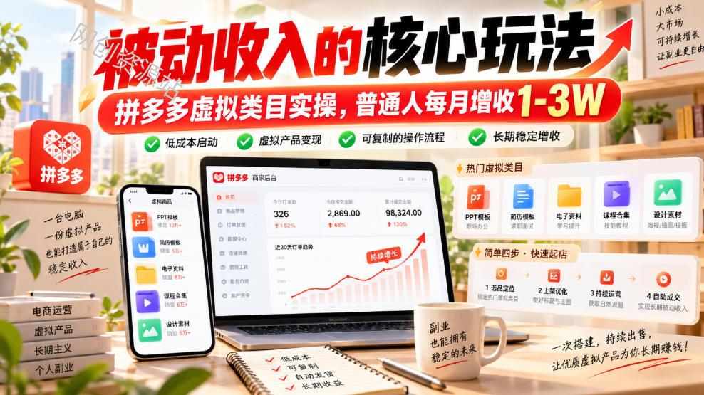 被动收入的核心玩法，拼多多虚拟类目实操，普通人每月增收1-3W【揭秘】