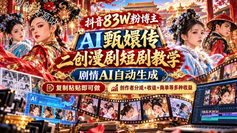 抖音83W粉博主AI甄嬛传二创漫剧短剧教学|剧情AI自动生成,复制粘贴即可做,各大平台创作者分成+收徒等多种收益