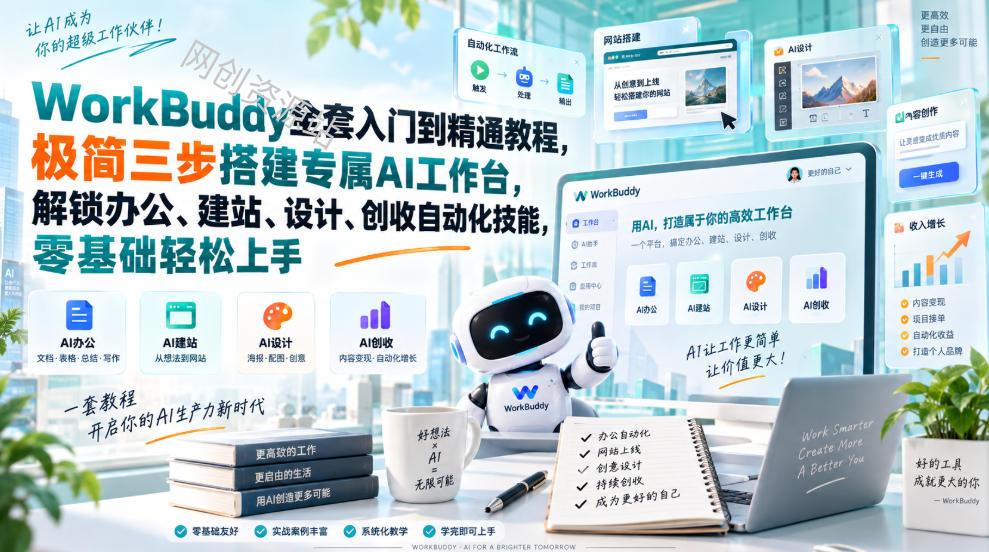 WorkBuddy全套入门到精通教程，极简三步搭建专属AI工作台，解锁办公、建站、设计、创收自动化技能，零基础轻松上手