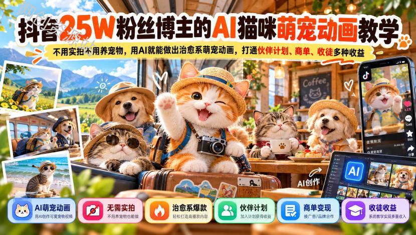 抖音25W粉丝博主的AI猫咪萌宠动画教学，不用实拍不用养宠物，用AI就能做出治愈系萌宠动画，打通伙伴计划、商单、收徒多种收益
