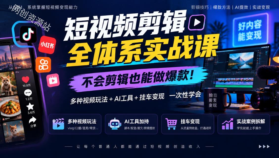 短视频剪辑全体系实战课，不会剪辑也能做爆款，多种视频玩法+AI工具+挂车变现一次性学