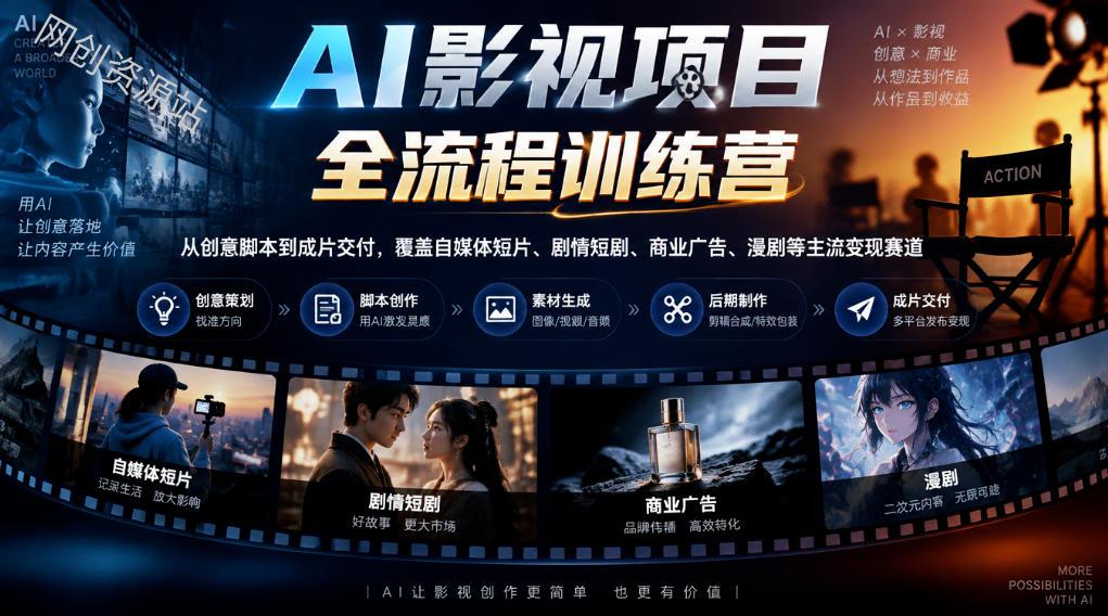 AI影视项目全流程训练营，从创意脚本到成片交付，覆盖自媒体短片、剧情短剧、商业广告、漫剧等主流变现赛道