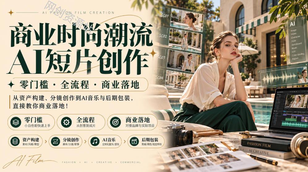 商业时尚潮流AI短片创作｜零门槛・全流程・商业落地，从资产构建、分镜创作到AI音乐与后期包装，直接教你商业落地！
