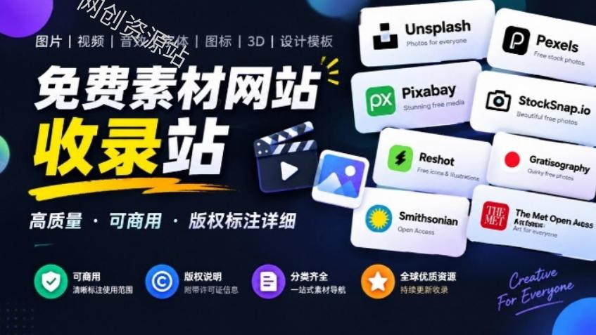 剪片、直播、做播客都能用的免费素材网站收录站，署名和可商用条件标清楚，自媒体必备Free for Creators