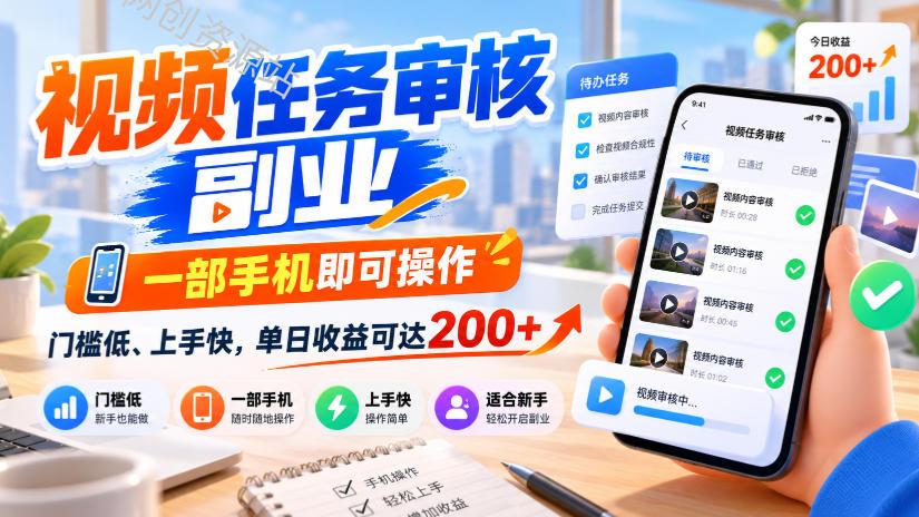 视频任务审核副业，一部手机即可操作，门槛低、上手快，单日收益可达200+【揭秘】