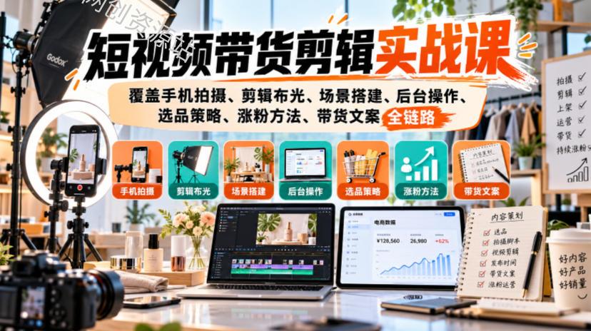 短视频带货剪辑实战课，覆盖手机拍摄、剪辑布光、场景搭建、后台操作、选品策略、涨粉方法、带货文案全链路