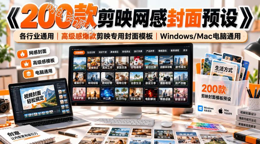 《200款剪映网感封面预设》各行业通用｜高级感爆款剪映专用封面模板｜Windows/Mac电脑通用