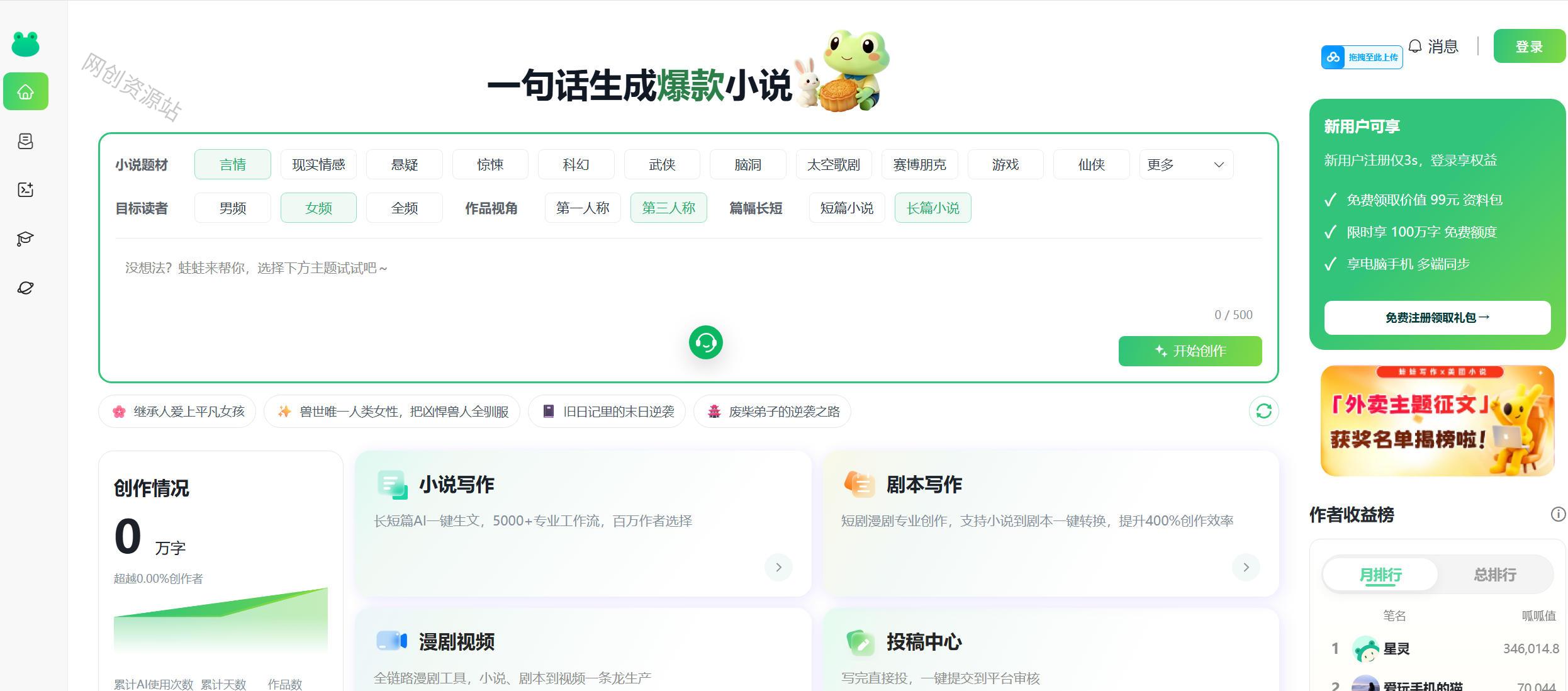 美团小说投稿官网来了!一键AI写作变现,并提供5000+AI工作流,覆盖小说、剧本、漫剧等,蛙蛙写作