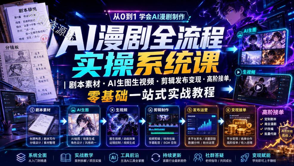 AI漫剧全流程实操系统课｜剧本素材・AI生图生视频・剪辑发布变现・高阶接单，零基础一站式实战教程（更新1027）