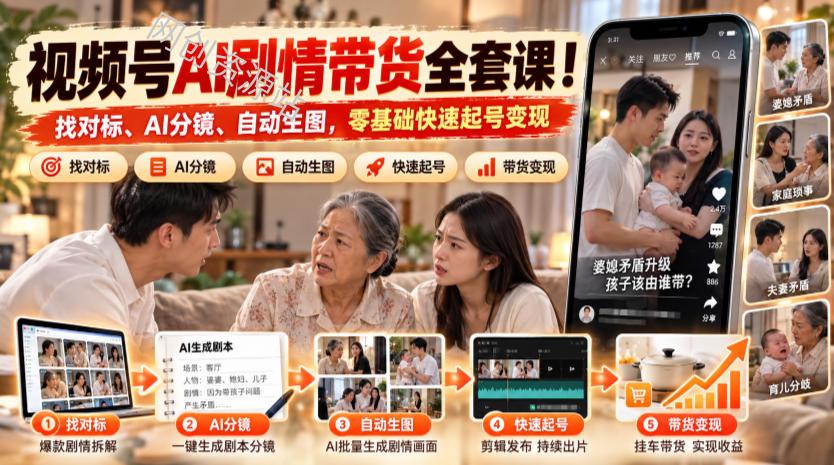 视频号AI剧情带货全套课！找对标、AI分镜、自动生图，零基础快速起号变现