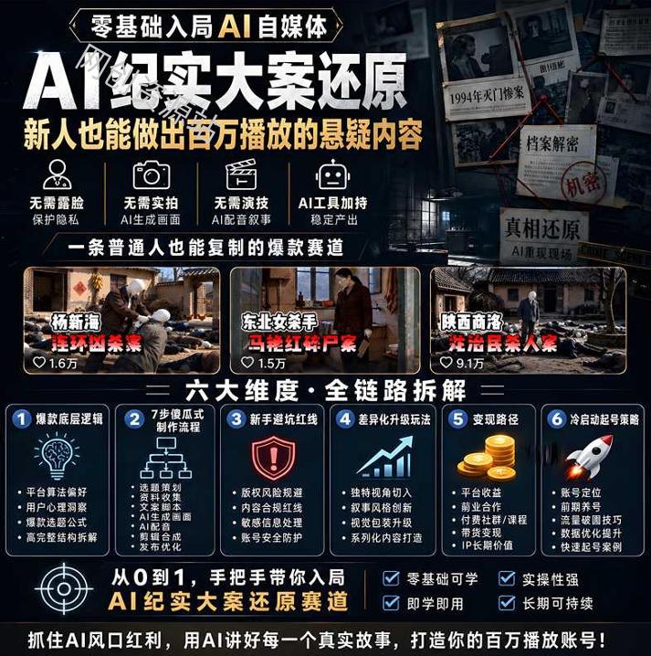 抖音8W粉丝博主的AI纪实大案还原教学,新人也能做出百W播放的悬疑内容,抓住AI风口红利,用AI讲好每一个真实故事(更新1014)