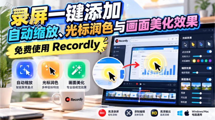 录屏一键添加自动缩放、光标润色与画面美化效果，免费使用Recordly