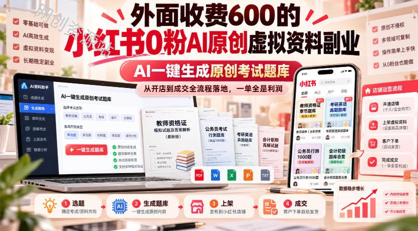 外面收费600的小红书0粉AI原创虚拟资料副业，AI一键生成原创考试题库，从开店到成交全流程落地，一单全是利润