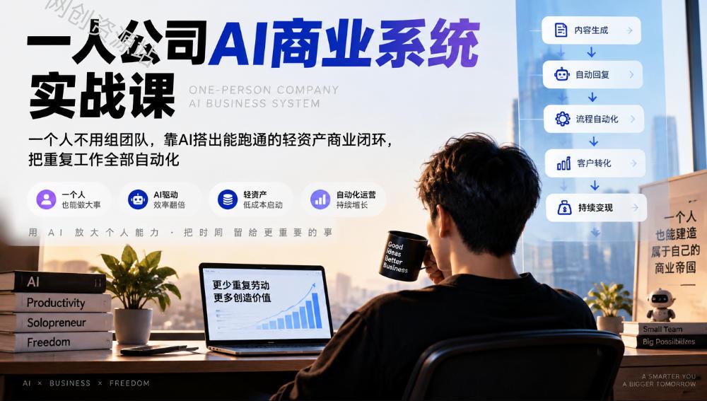 一人公司AI商业系统实战课,一个人不用组团队,靠AI搭出能跑通的轻资产商业闭环,把重复工作全部自动化