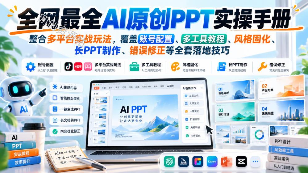 全网最全AI原创PPT实操手册，整合多平台实战玩法，覆盖账号配置、多工具教程、风格固化、长PPT制作、错误修正等全套落地技巧