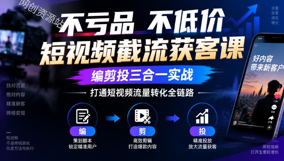 不亏品不低价短视频截流获客课，编剪投三合一实战，打通短视频流量转化全链路
