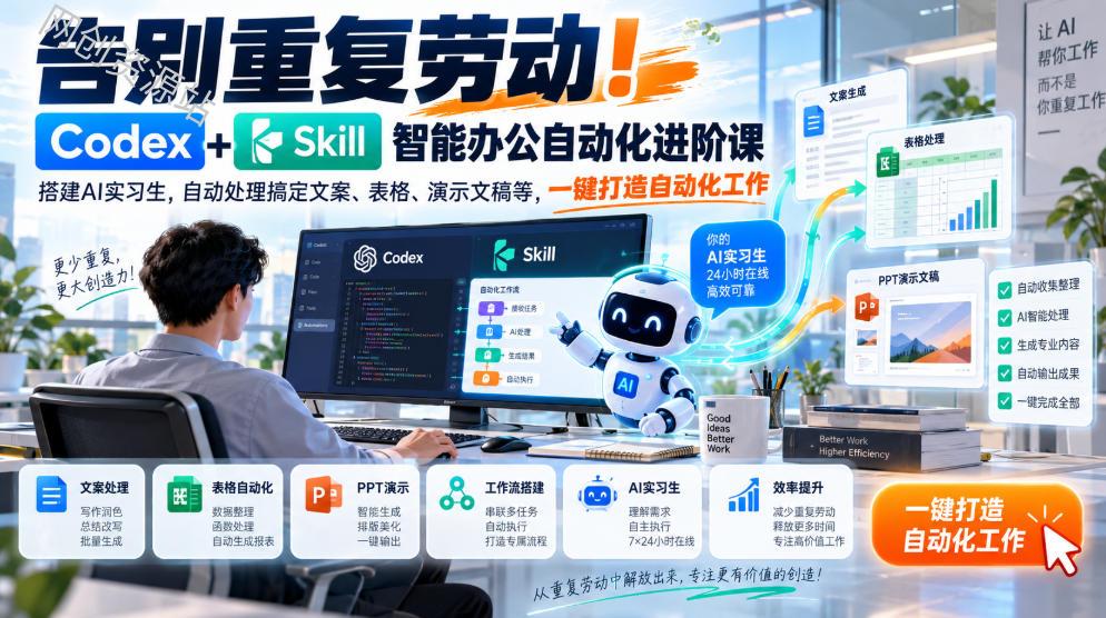 告别重复劳动！Codex+Skill智能办公自动化进阶课｜搭建AI实习生，自动处理搞定文案、表格、演示文稿等，一键打造自动化工作