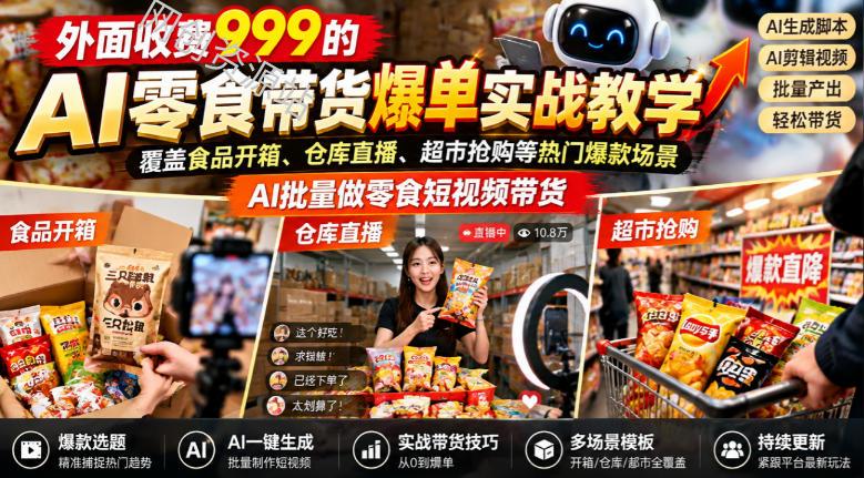 外面收费999的AI零食带货爆单实战教学，覆盖食品开箱、仓库直播、超市抢购等热门爆款场景，AI批量做零食短视频带货（更新1018）
