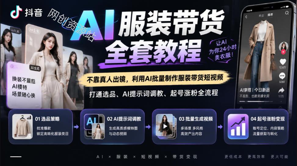 抖音AI服装带货全套教程,不靠真人出镜,利用AI批量制作服装带货短视频,打通选品、AI提示词调教、起号涨粉全流程