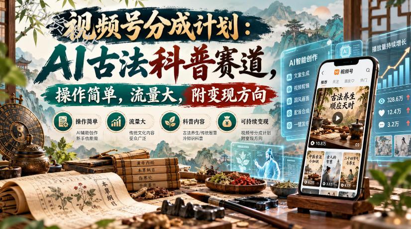 视频号分成计划:AI古法科普赛道,操作简单,流量大,附变现方向