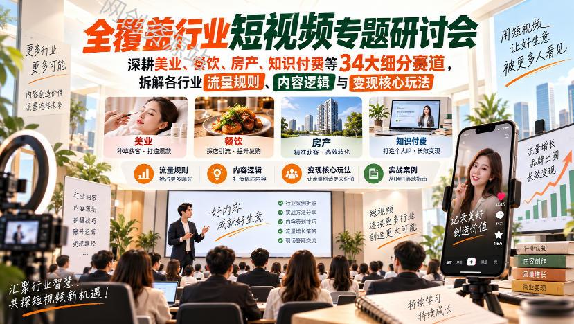 短视频专题研讨会，深耕美业、餐饮、房产、知识付费等34大细分赛道，拆解各行业流量规则、内容逻辑与变现核心玩法（更新1011）