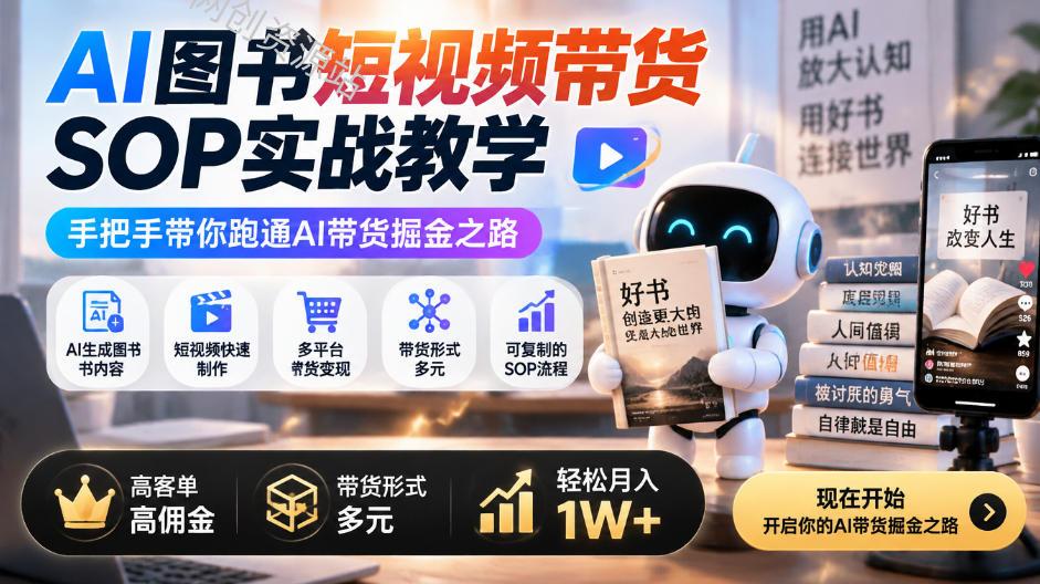 AI图书短视频带货SOP实战教学，手把手带你跑通AI带货掘金之路，高客单高佣金，带货形式多元，轻松月入1W+（完结）