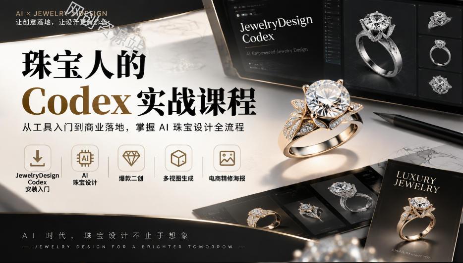 珠宝人的Codex实战课程｜JewelryDesign Codex安装入门、AI珠宝设计、爆款二创、多视图生成、电商精修海报全链路教学