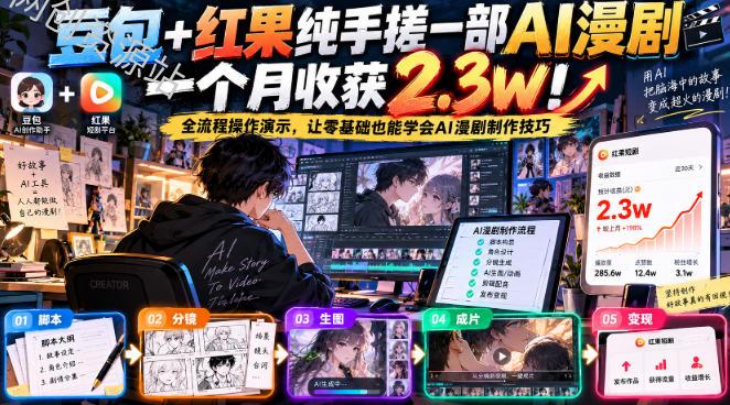 豆包+红果纯手搓一部AI漫剧一个月收获2.3w！全流程操作演示，让零基础也能学会AI漫剧制作技巧