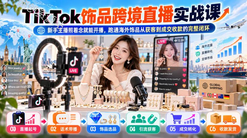 TikTok饰品跨境直播实战课，新手主播照着念就能开播，跑通海外饰品从获客到成交收款的完整闭环
