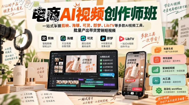 电商AI视频创作师班,一站式掌握剪映、海螺、可灵、即梦、LibTV等多款AI视频工具,批量产出带货营销短视频
