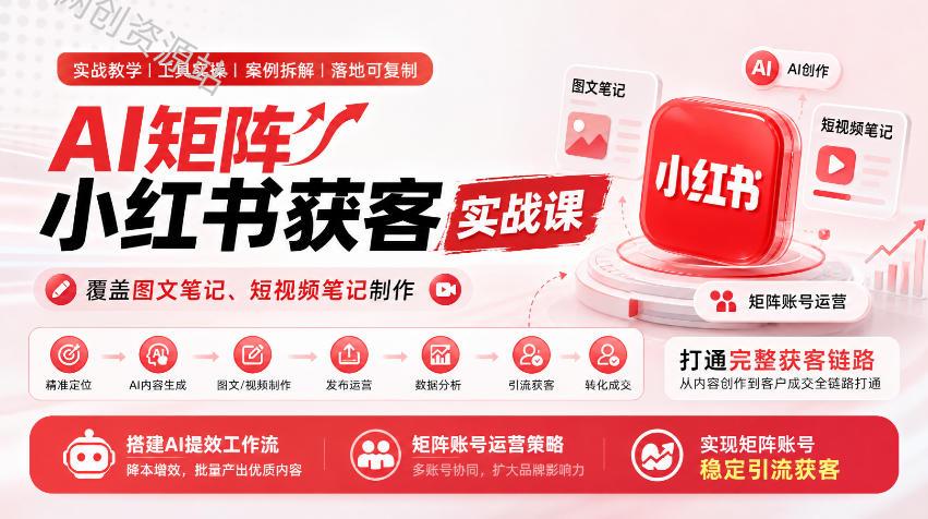 AI矩阵小红书获客实战课，覆盖图文笔记、短视频笔记制作，打通完整获客链路，搭建AI提效工作流，实现矩阵账号稳定引流获客