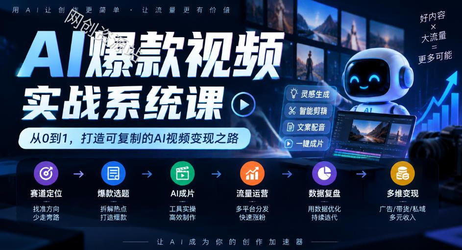 AI爆款视频实战系统课|赛道定位、爆款选题、AI成片、流量运营、数据复盘、多维变现全链路教学