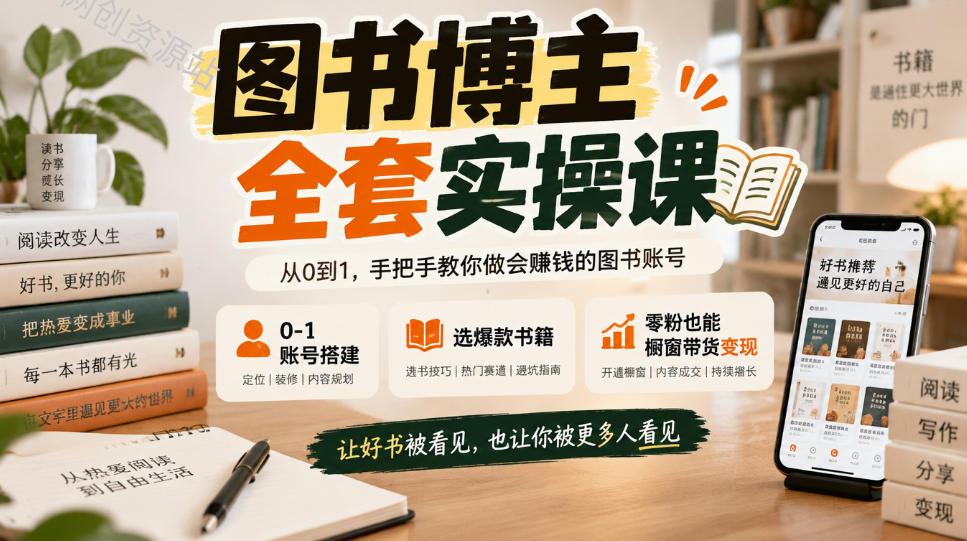 图书博主全套实操课，0‑1账号搭建，选爆款书籍，零粉也能橱窗带货变现