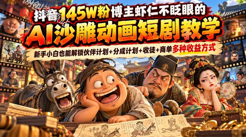 抖音145W粉博主虾仁不眨眼的AI沙雕动画短剧教学，新手小白也能解锁伙伴计划+分成计划+收徒+商单多种收益方式