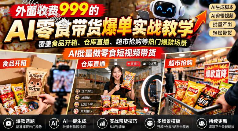 外面收费999的AI零食带货爆单实战教学,覆盖食品开箱、仓库直播、超市抢购等热门爆款场景,AI批量做零食短视频带货(更新1019)