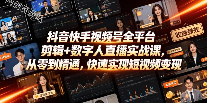 抖音快手视频号全平台剪辑+数字人直播实战课，从零到精通，快速实现短视频变现(更新2026年10月)