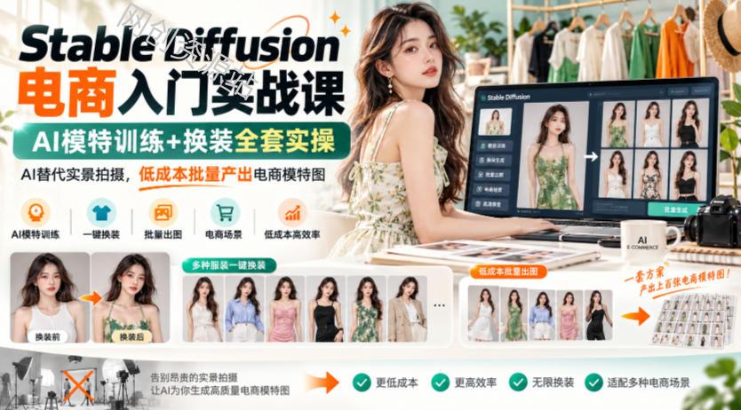 Stable Diffusion电商入门实战课，AI模特训练+换装全套实操，AI替代实景拍摄，低成本批量产出电商模特图