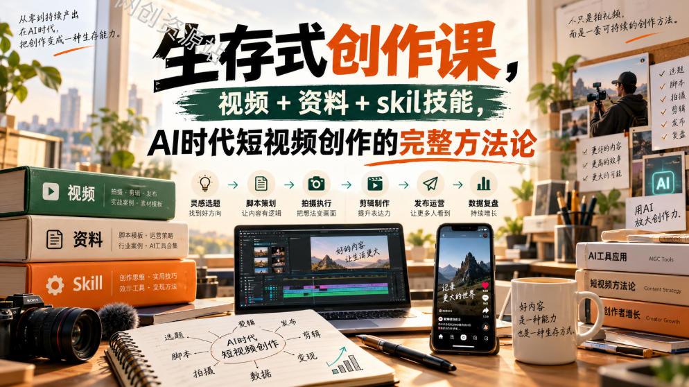 生存式创作课，视频+资料+skil技能，ai时代短视频创作的完整方法论